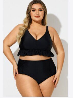 NWT! MEET.CURVE Black V-Neck Ruffle Trim Bikini Set